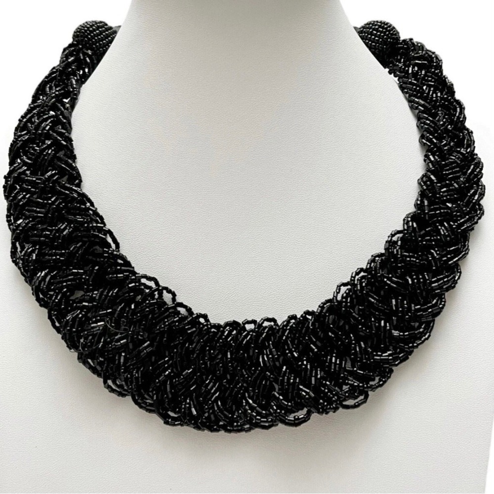Vintage Black Glass Beaded Braid Bib Necklace Seed Bugle Bead Statement 22"-24"